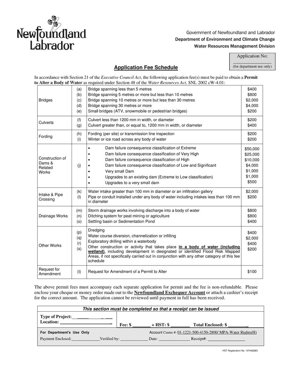 Newfoundland and Labrador Canada Application for Permit to Alter a Body