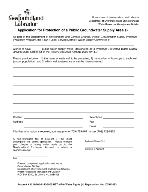 Application for Protection of a Public Groundwater Supply Area(S) - Newfoundland and Labrador, Canada