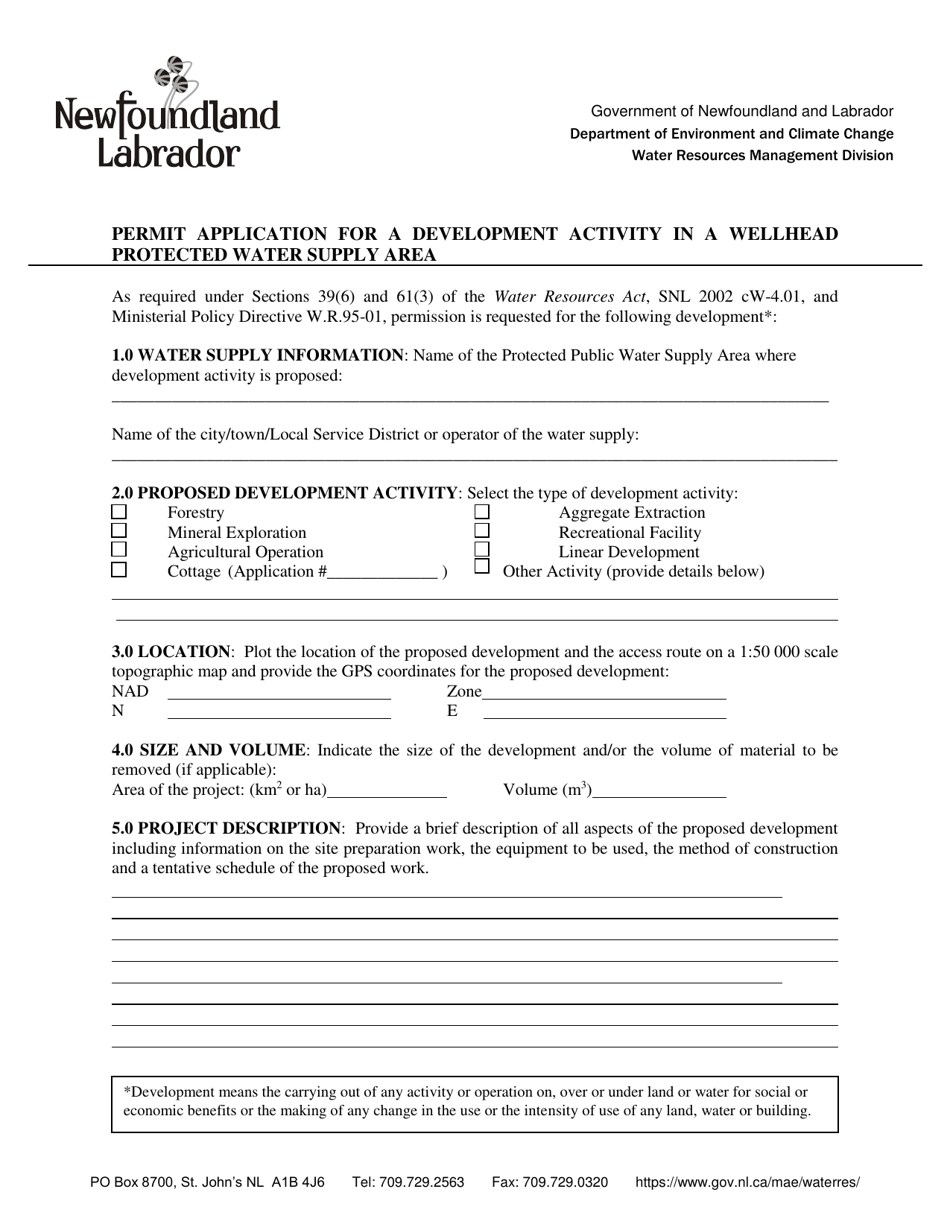 Permit Application for a Development Activity in a Wellhead Protected Water Supply Area - Newfoundland and Labrador, Canada, Page 1