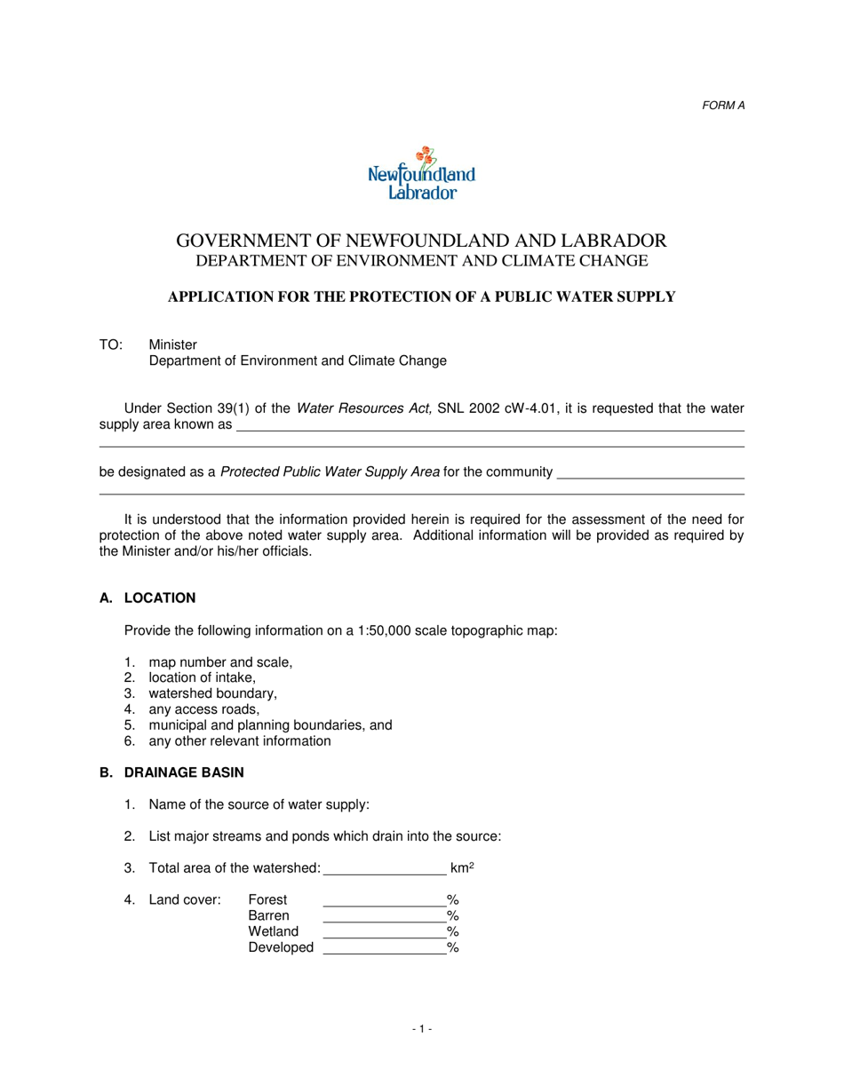 Form A Application for the Protection of a Public Water Supply - Newfoundland and Labrador, Canada, Page 1