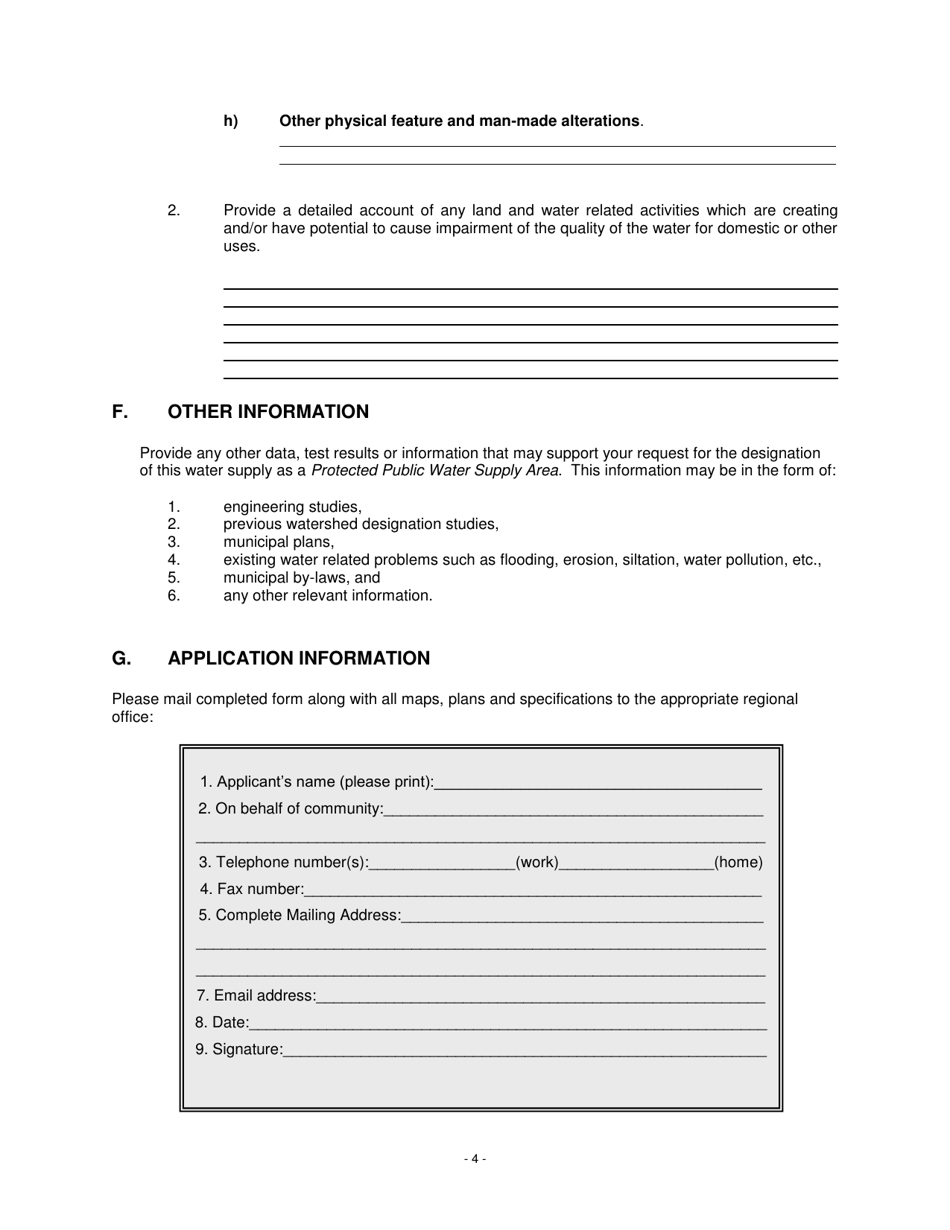 Form A Application for the Protection of a Public Water Supply - Newfoundland and Labrador, Canada, Page 4