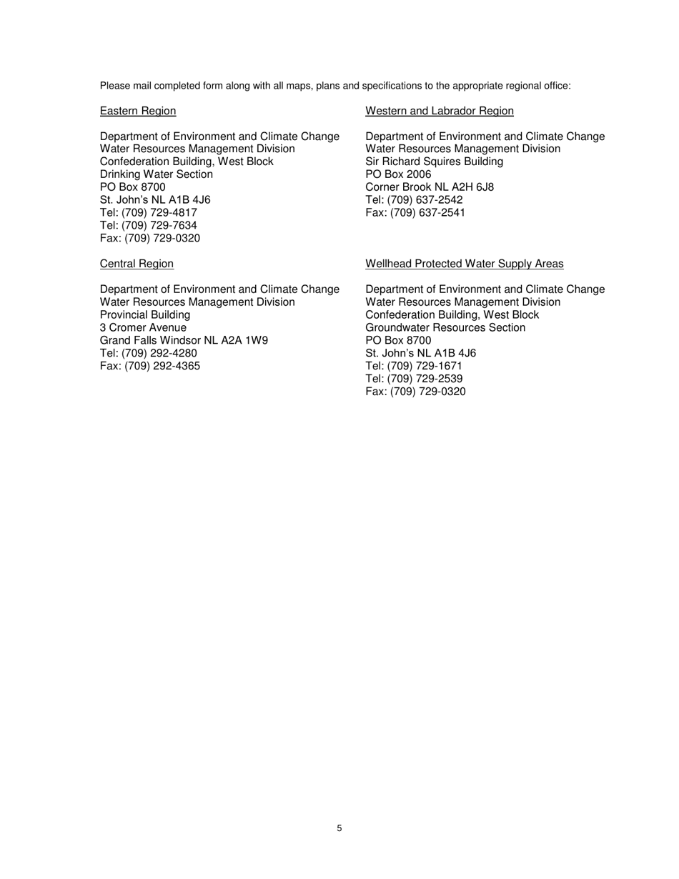 Form A Application for the Protection of a Public Water Supply - Newfoundland and Labrador, Canada, Page 5