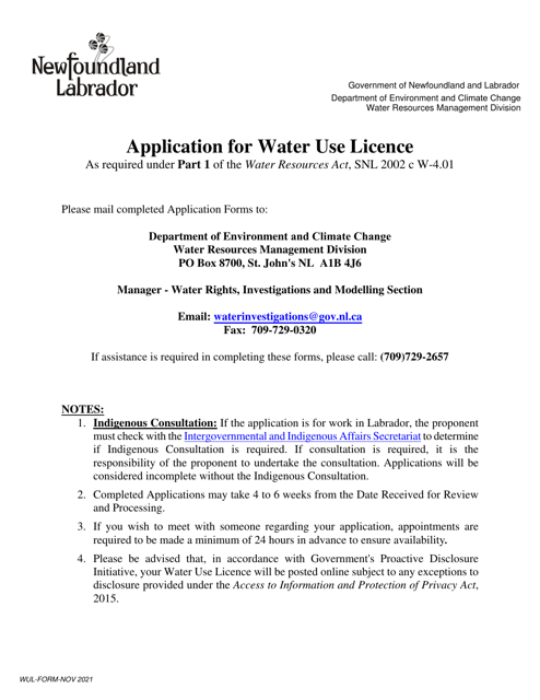 Application for Water Use Licence - Newfoundland and Labrador, Canada