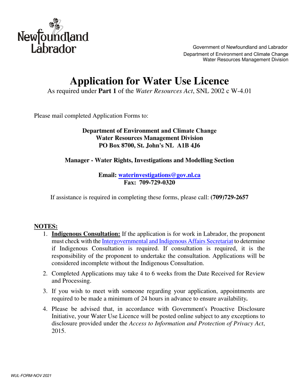 Newfoundland and Labrador Canada Application for Water Use Licence