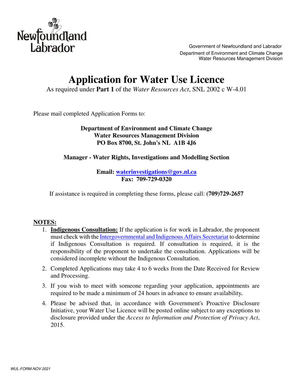 Application for Water Use Licence - Newfoundland and Labrador, Canada, Page 1