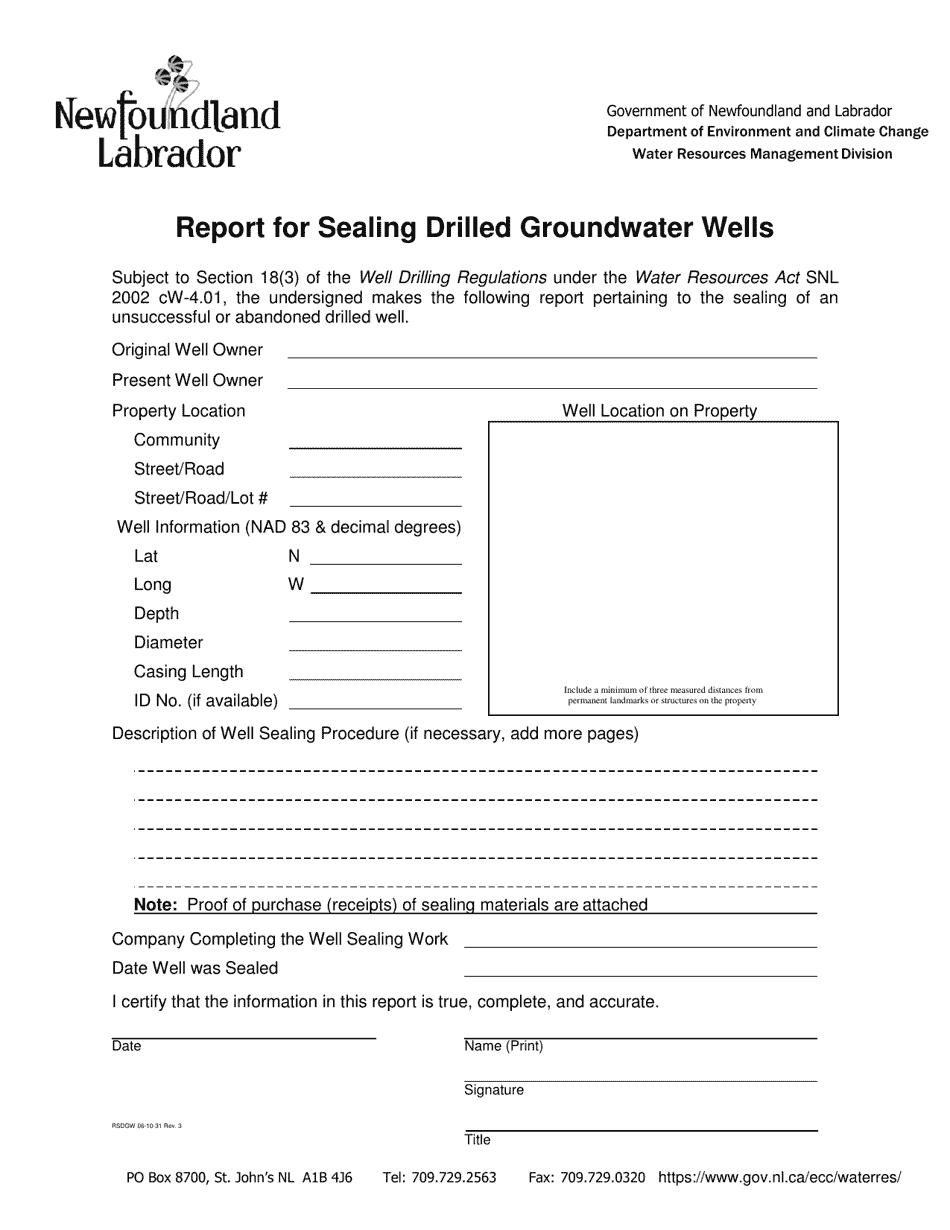 Newfoundland and Labrador Canada Report for Sealing Drilled Groundwater