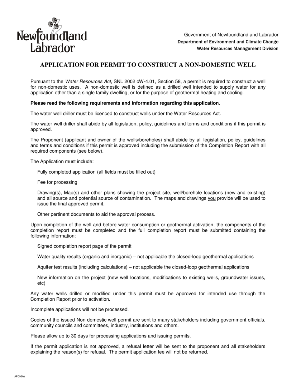 Application for Permit to Construct a Non-domestic Well - Newfoundland and Labrador, Canada, Page 1