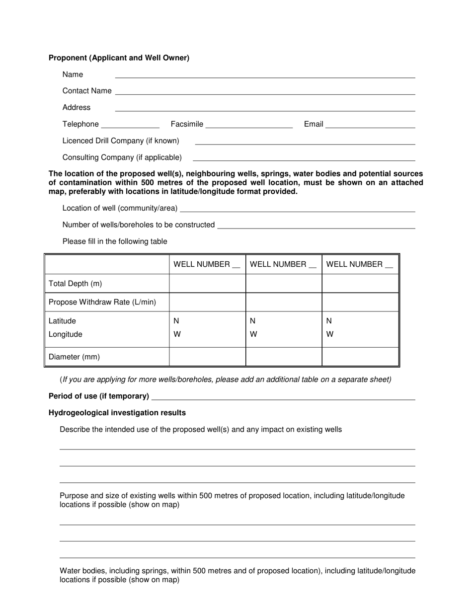 Application for Permit to Construct a Non-domestic Well - Newfoundland and Labrador, Canada, Page 2