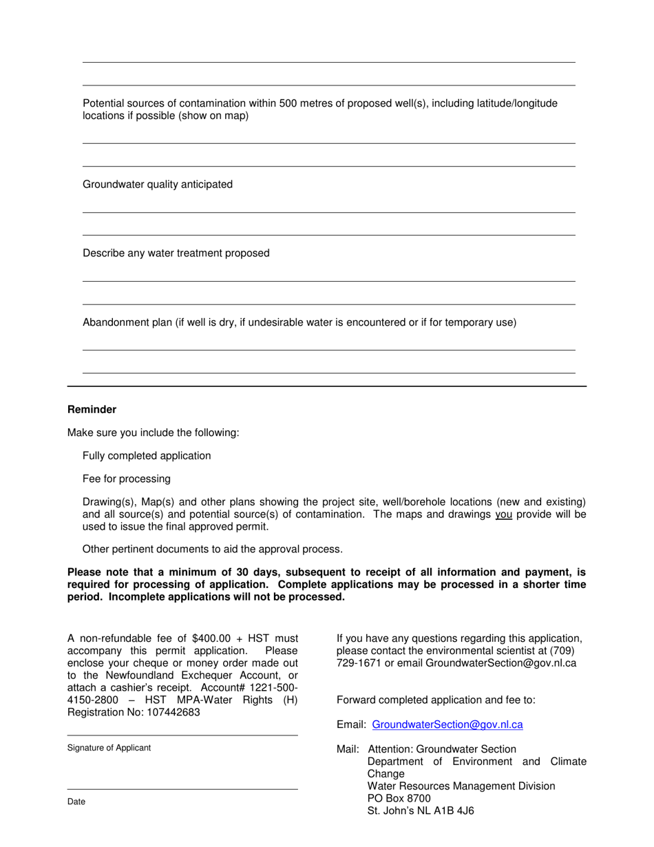 Application for Permit to Construct a Non-domestic Well - Newfoundland and Labrador, Canada, Page 3