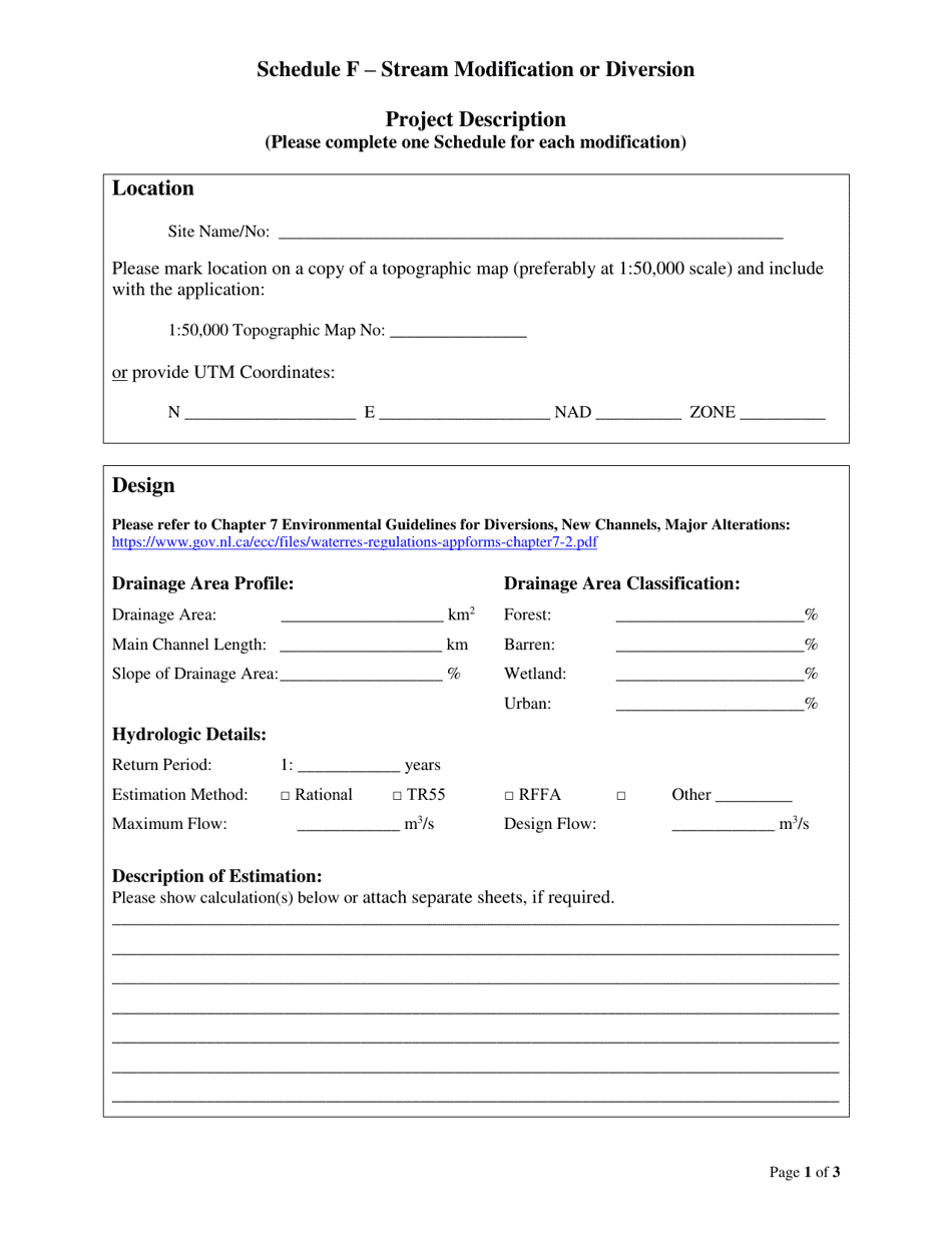 Schedule F Stream Modification or Diversion - Newfoundland and Labrador, Canada, Page 1