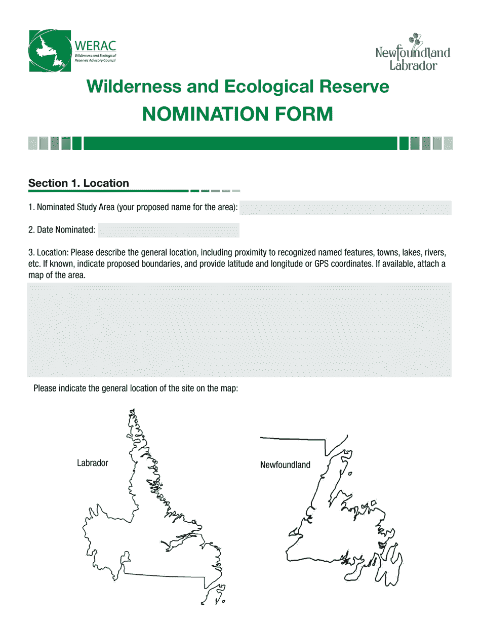 Wilderness and Ecological Reserve Nomination Form - Newfoundland and Labrador, Canada, Page 1