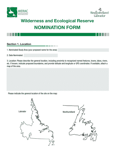 Wilderness and Ecological Reserve Nomination Form - Newfoundland and Labrador, Canada