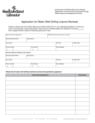 Application for Water Well Drilling Licence Renewal - Newfoundland and Labrador, Canada