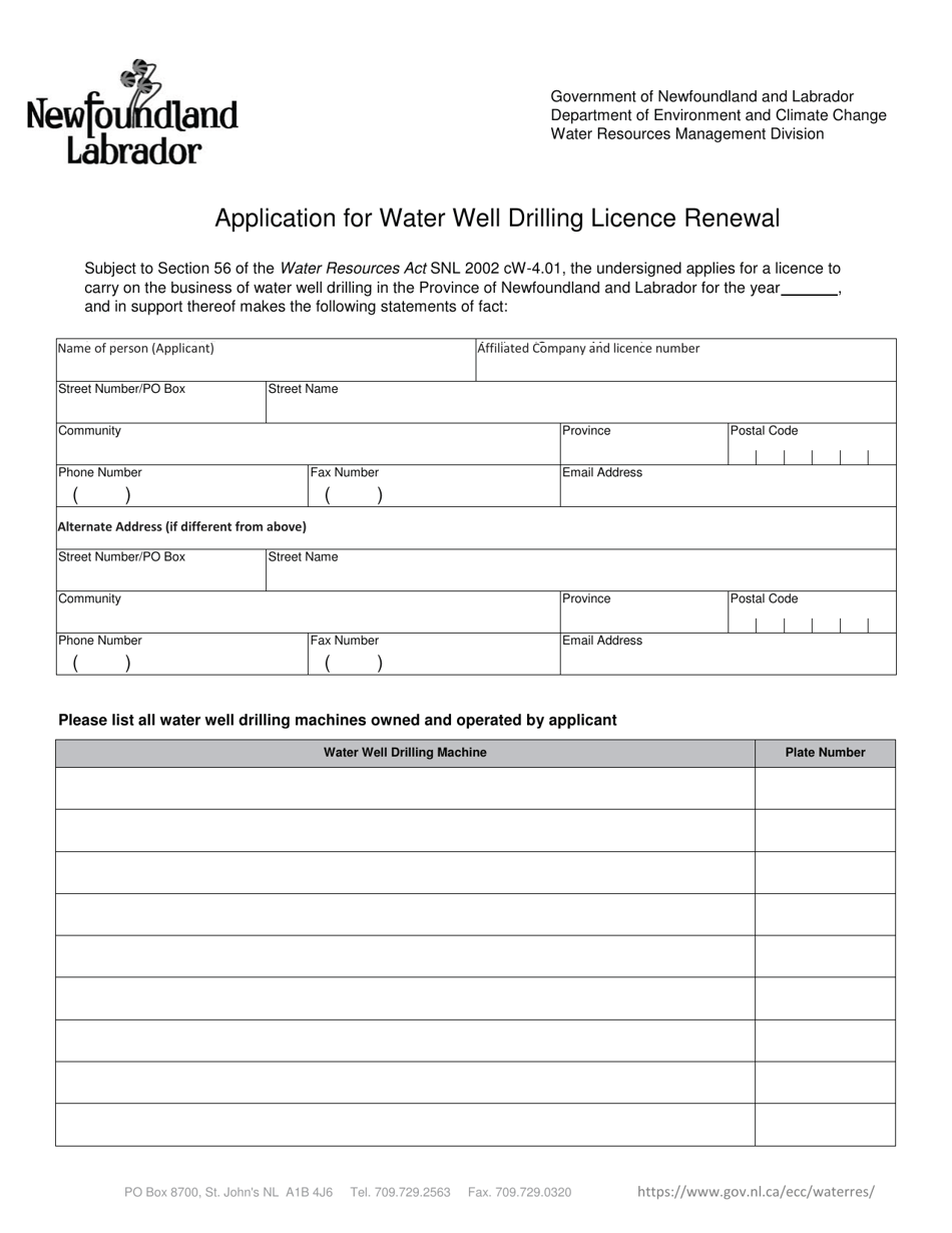 Application for Water Well Drilling Licence Renewal - Newfoundland and Labrador, Canada, Page 1