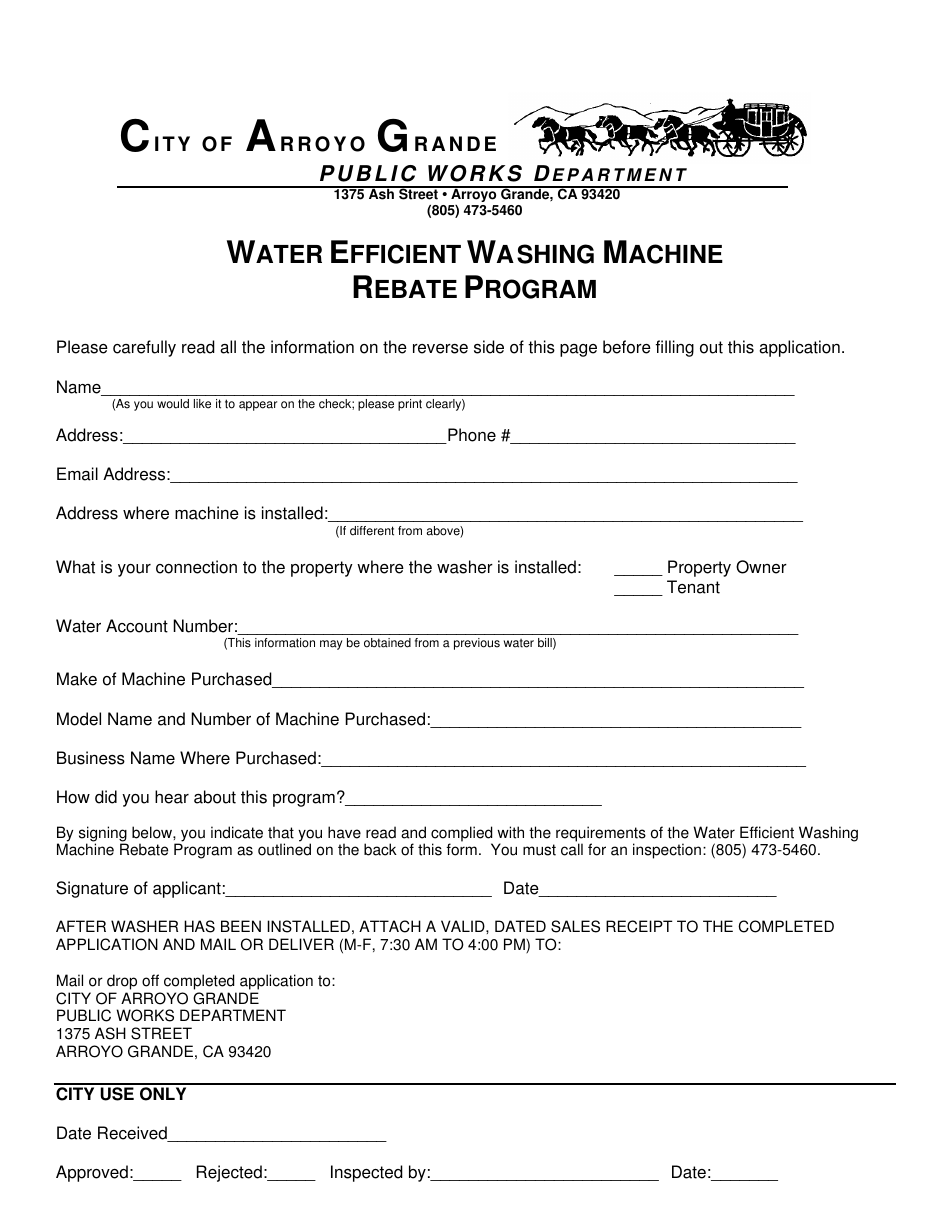 Water Efficient Washing Machine Rebate Program Application - City of Arroyo Grande, California, Page 1