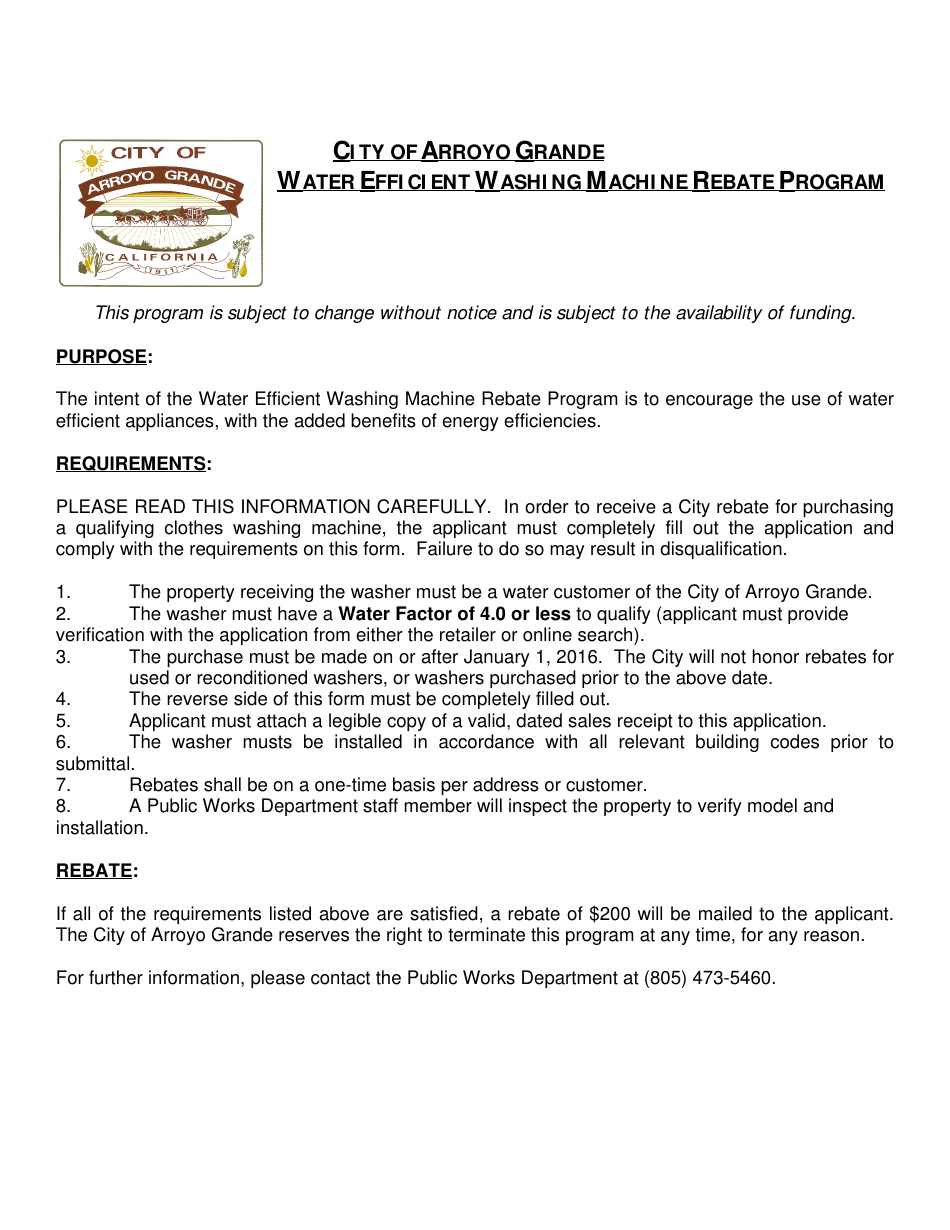 Water Efficient Washing Machine Rebate Program Application - City of Arroyo Grande, California, Page 3