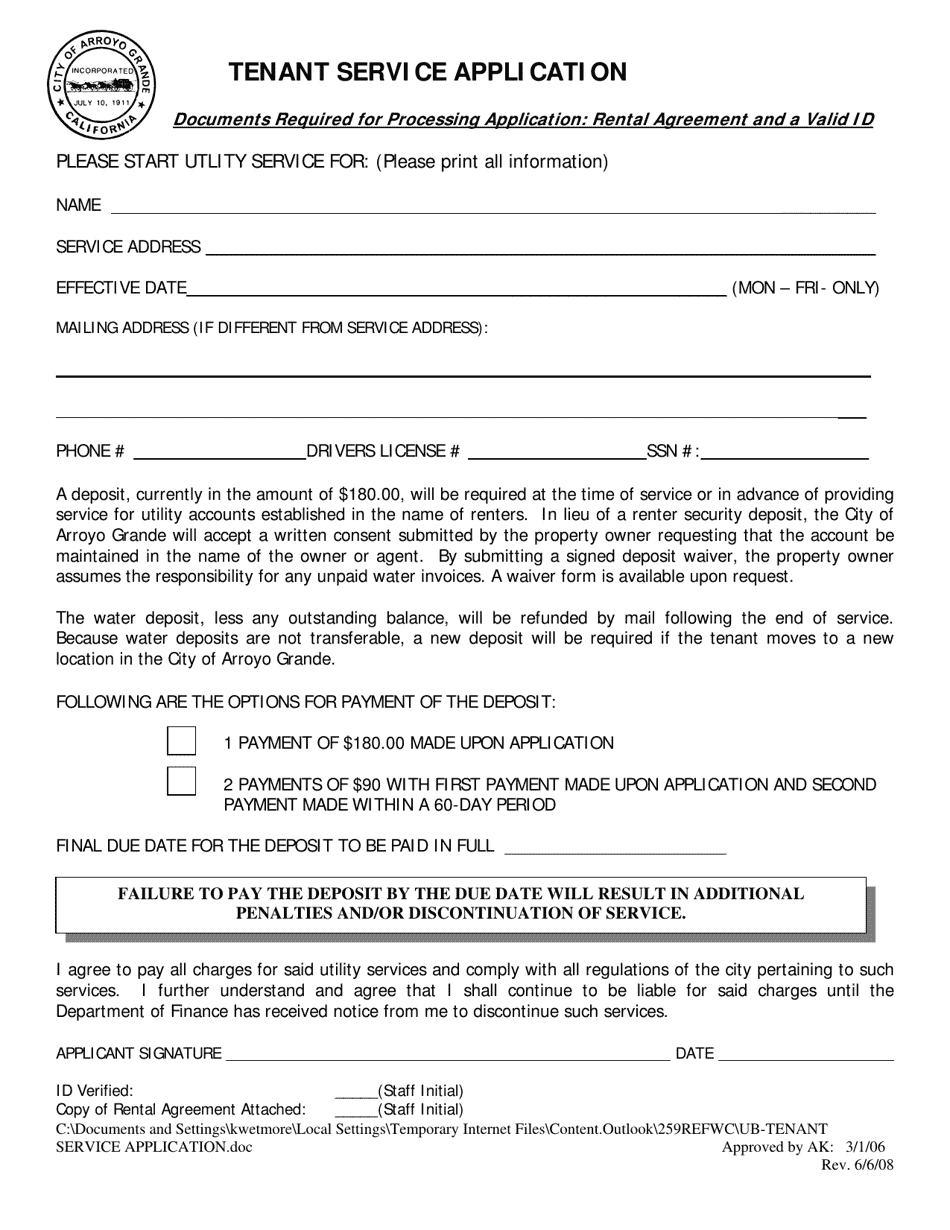 Tenant Service Application - City of Arroyo Grande, California, Page 1