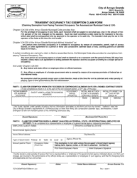 Document preview: Form 311 Transient Occupancy Tax Exemption Claim Form - City of Arroyo Grande, California