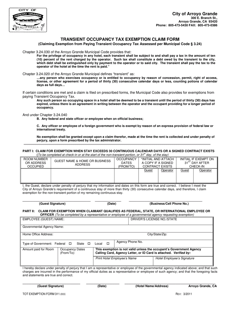 Form 311 Transient Occupancy Tax Exemption Claim Form - City of Arroyo Grande, California, Page 1
