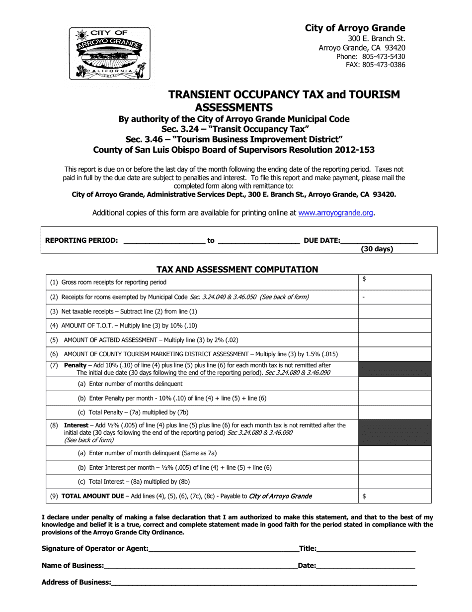 Transient Occupancy Tax and Tourism Business Improvement District Assessment Form - City of Arroyo Grande, California, Page 1