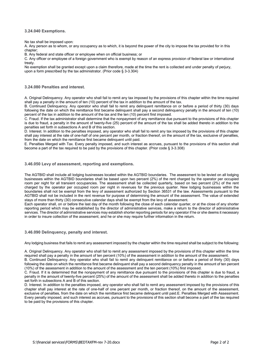 Transient Occupancy Tax and Tourism Business Improvement District Assessment Form - City of Arroyo Grande, California, Page 2
