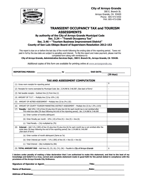 Transient Occupancy Tax and Tourism Business Improvement District Assessment Form - City of Arroyo Grande, California Download Pdf