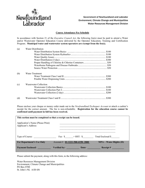 Course Attendance Fee Schedule - Newfoundland and Labrador, Canada Download Pdf