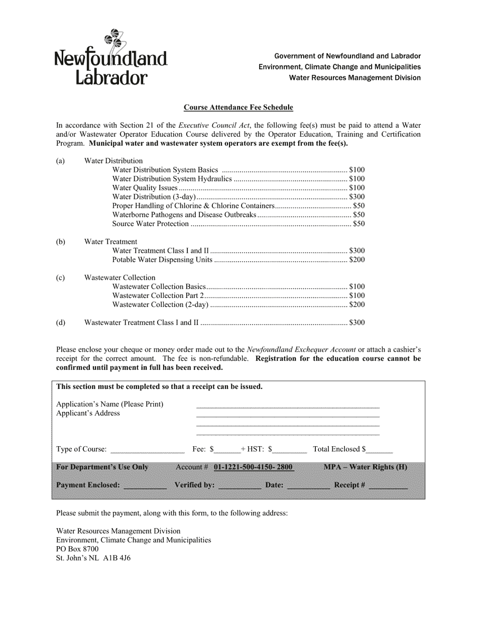 Course Attendance Fee Schedule - Newfoundland and Labrador, Canada, Page 1