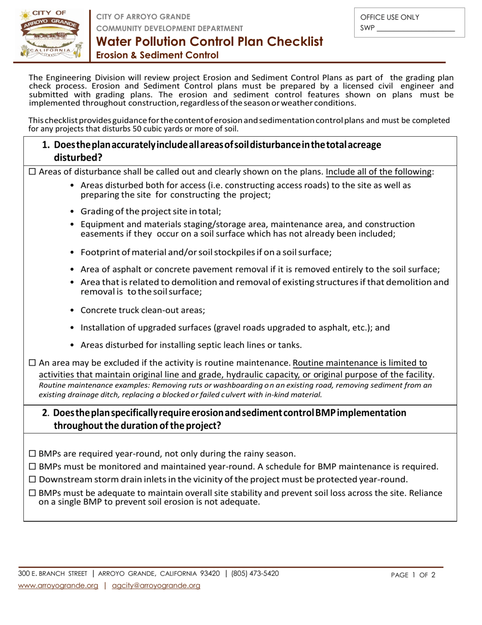 Water Pollution Control Plan Checklist - Erosion  Sediment Control - City of Arroyo Grande, California, Page 1