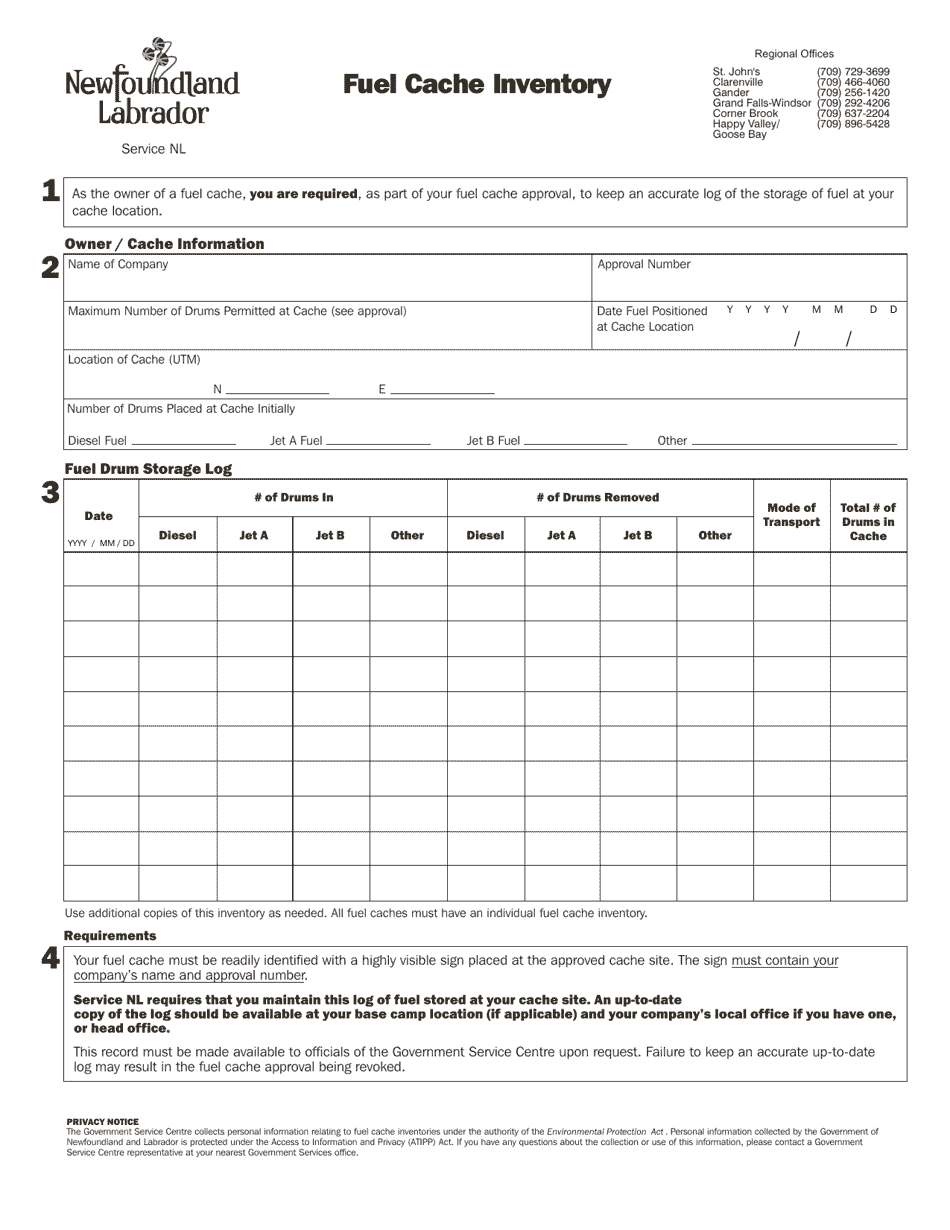 Newfoundland and Labrador Canada Fuel Cache Inventory Fill Out, Sign