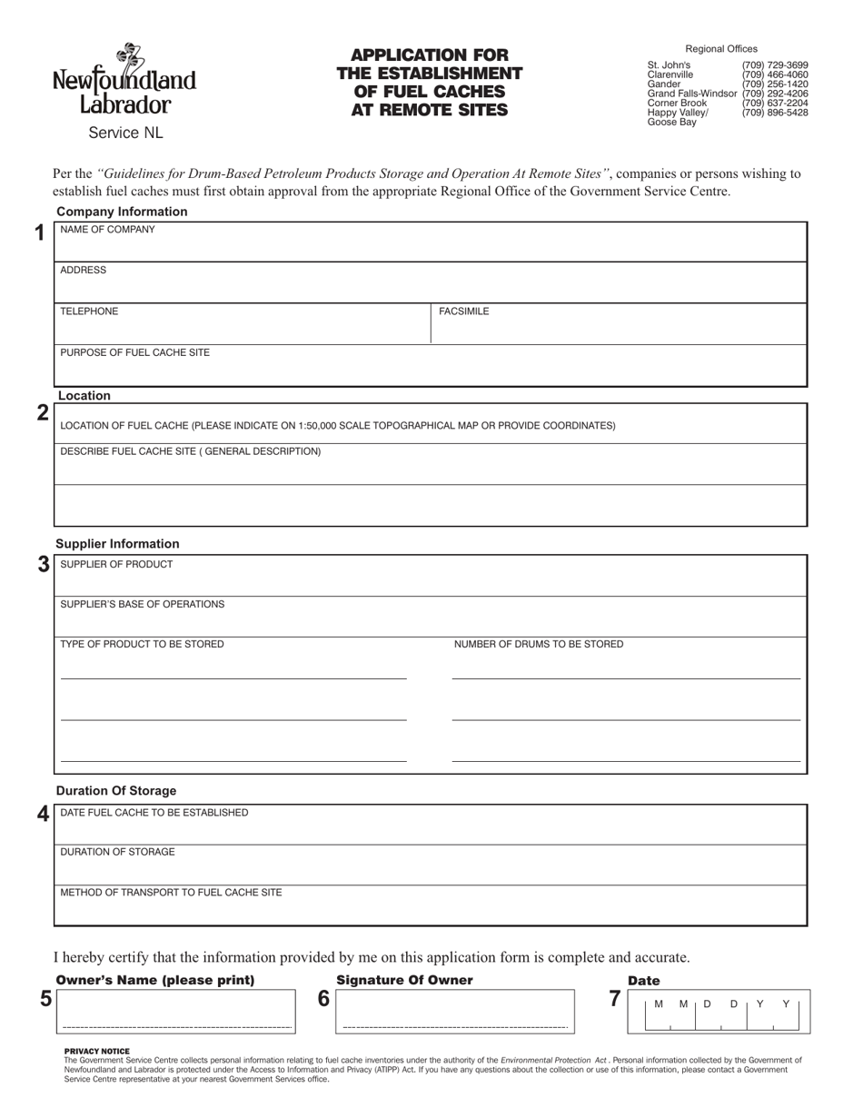 Application for the Establishment of Fuel Caches at Remote Sites - Newfoundland and Labrador, Canada, Page 1