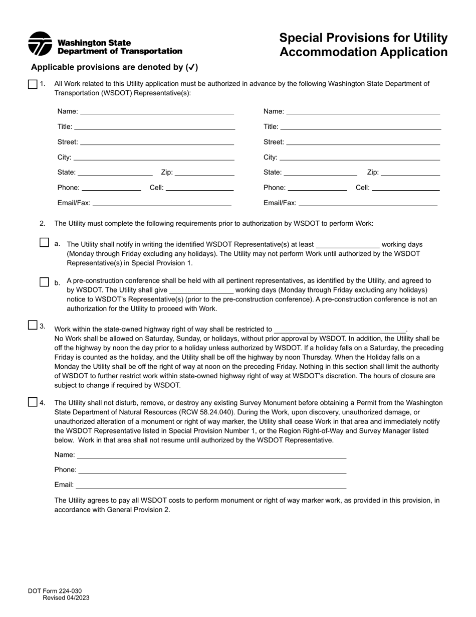 DOT Form 224-030 Special Provisions for Utility Accommodation Application - Washington, Page 1