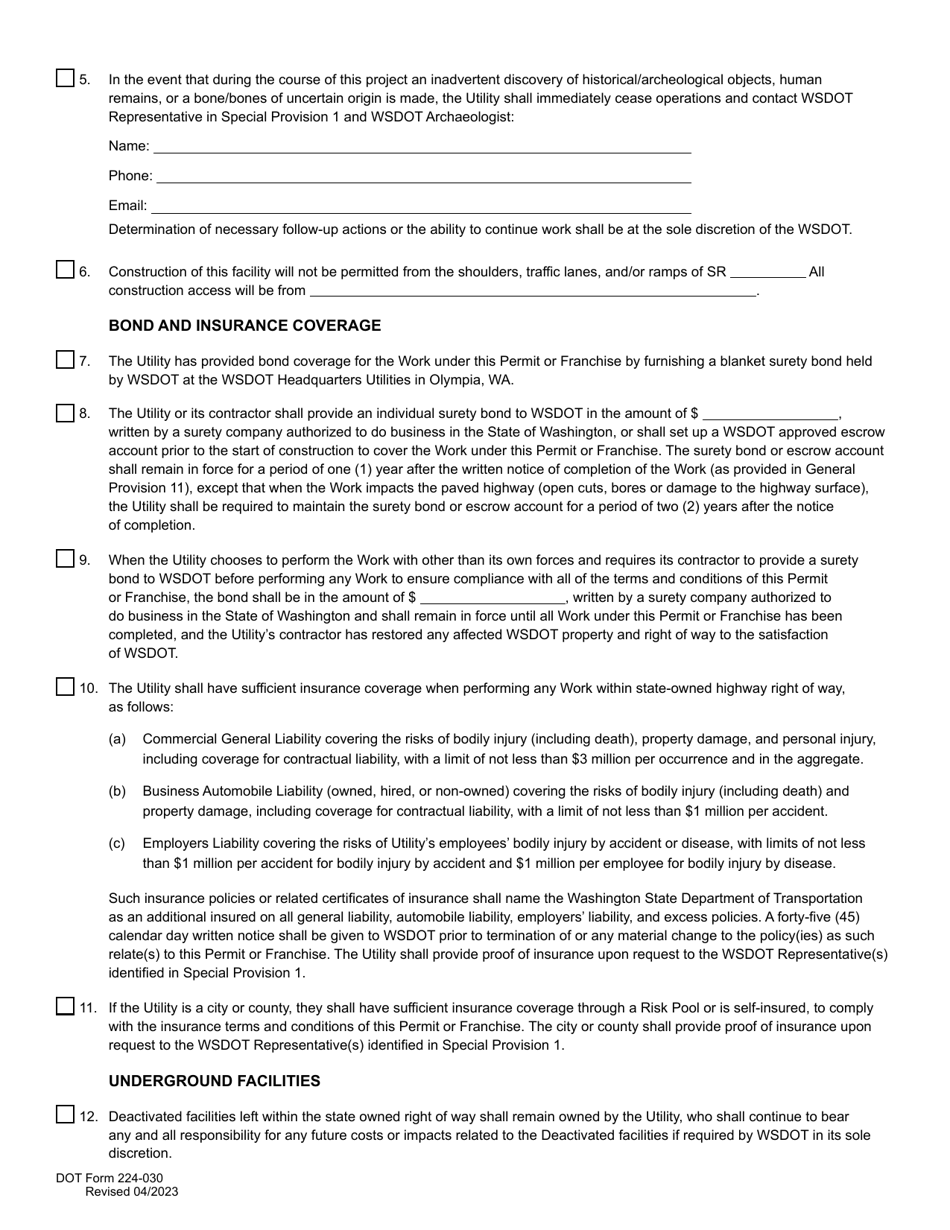DOT Form 224-030 Special Provisions for Utility Accommodation Application - Washington, Page 2