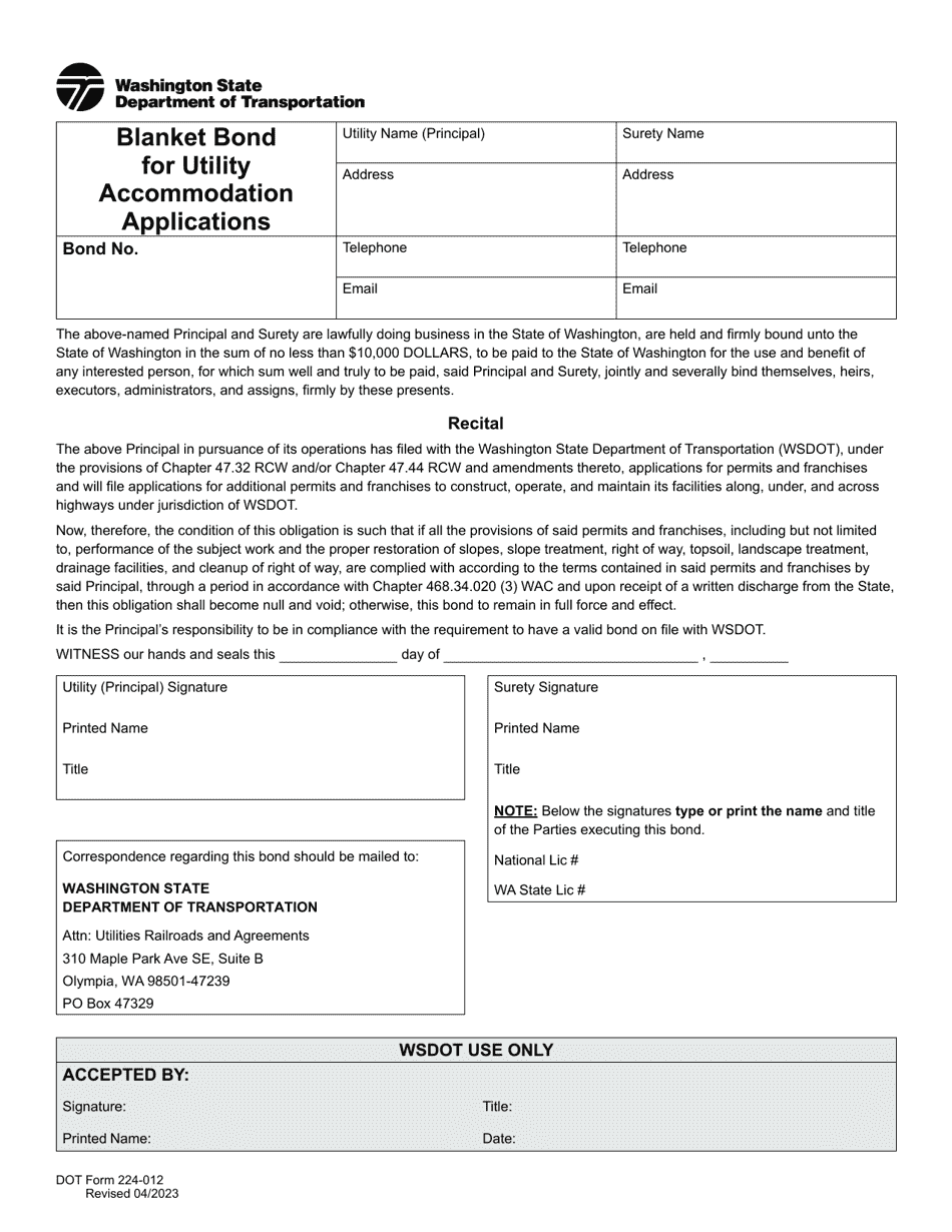 DOT Form 224-012 Blanket Bond for Utility Accommodation Applications - Washington, Page 1