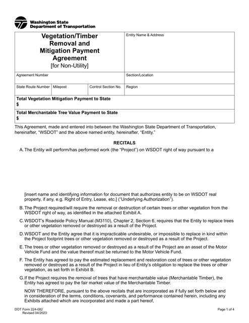 DOT Form 224-082 Vegetation/Timber Removal and Mitigation Payment Agreement (For Non-utility) - Washington