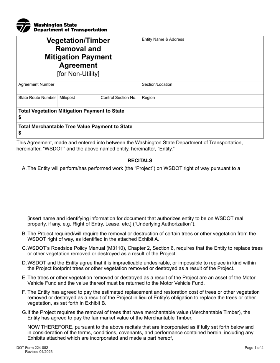 DOT Form 224-082 Vegetation / Timber Removal and Mitigation Payment Agreement (For Non-utility) - Washington, Page 1