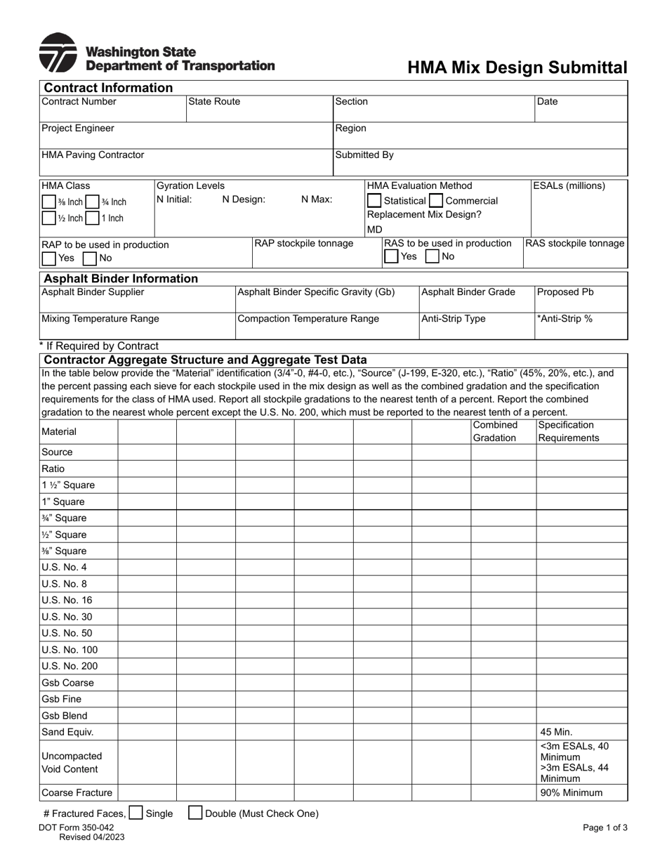 DOT Form 350-042 Hma Mix Design Submittal - Washington, Page 1
