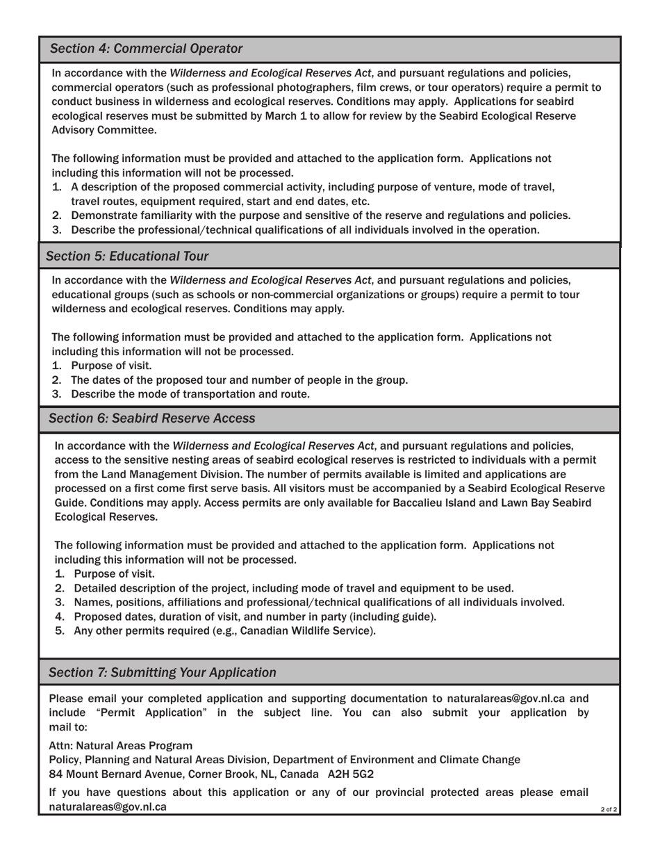 Wilderness and Ecological Reserves Permit Application - Newfoundland and Labrador, Canada, Page 2