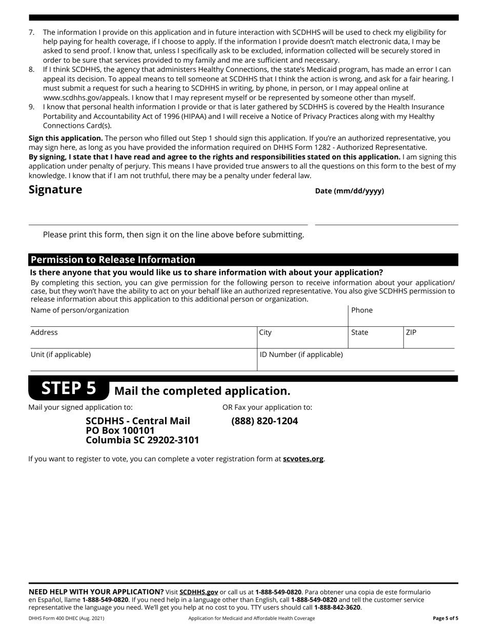 DHHS Form 400 DHEC Download Fillable PDF Or Fill Online Application For ...
