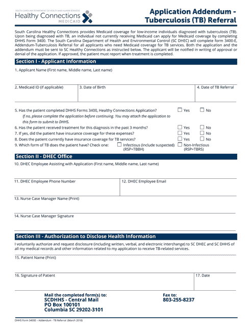 DHHS Form 3400E Application Addendum - Tuberculosis (Tb) Referral - South Carolina