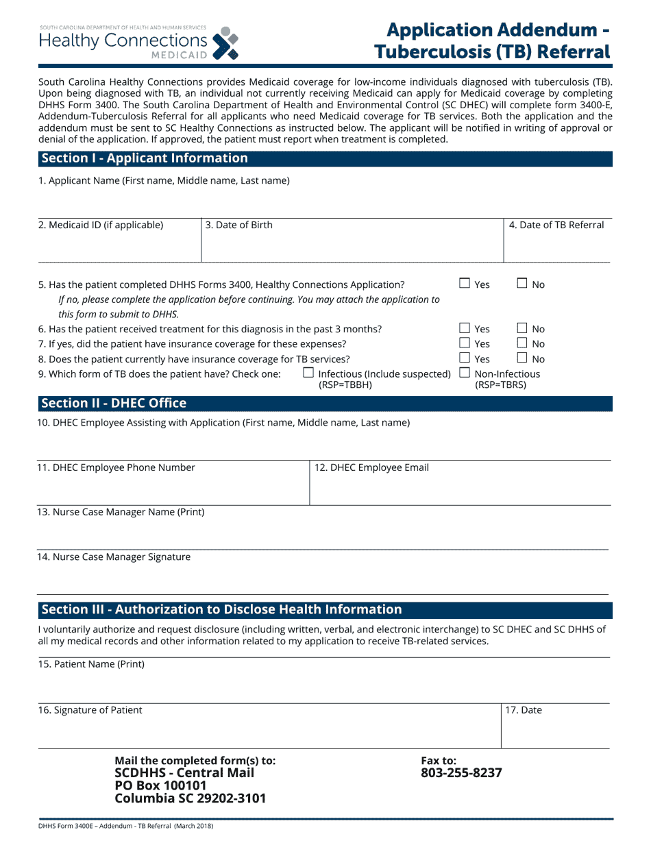 DHHS Form 3400E Application Addendum - Tuberculosis (Tb) Referral - South Carolina, Page 1