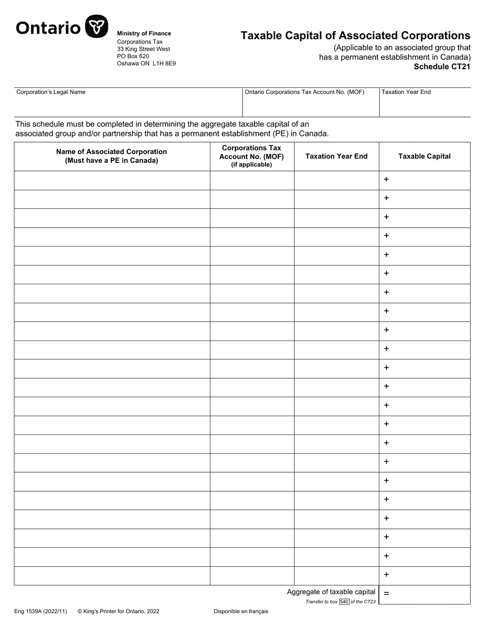 Form 1539A Schedule CT21 Taxable Capital of Associated Corporations - Ontario, Canada, Page 1