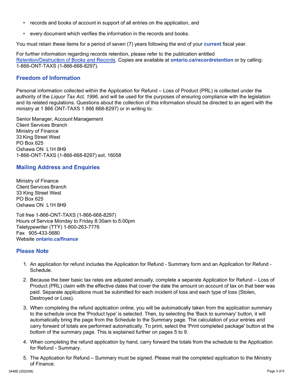 Form 3448E Guide for Completing the Application for Refund - Loss of Product (Prl) Summary and Schedule - Ontario, Canada, Page 3