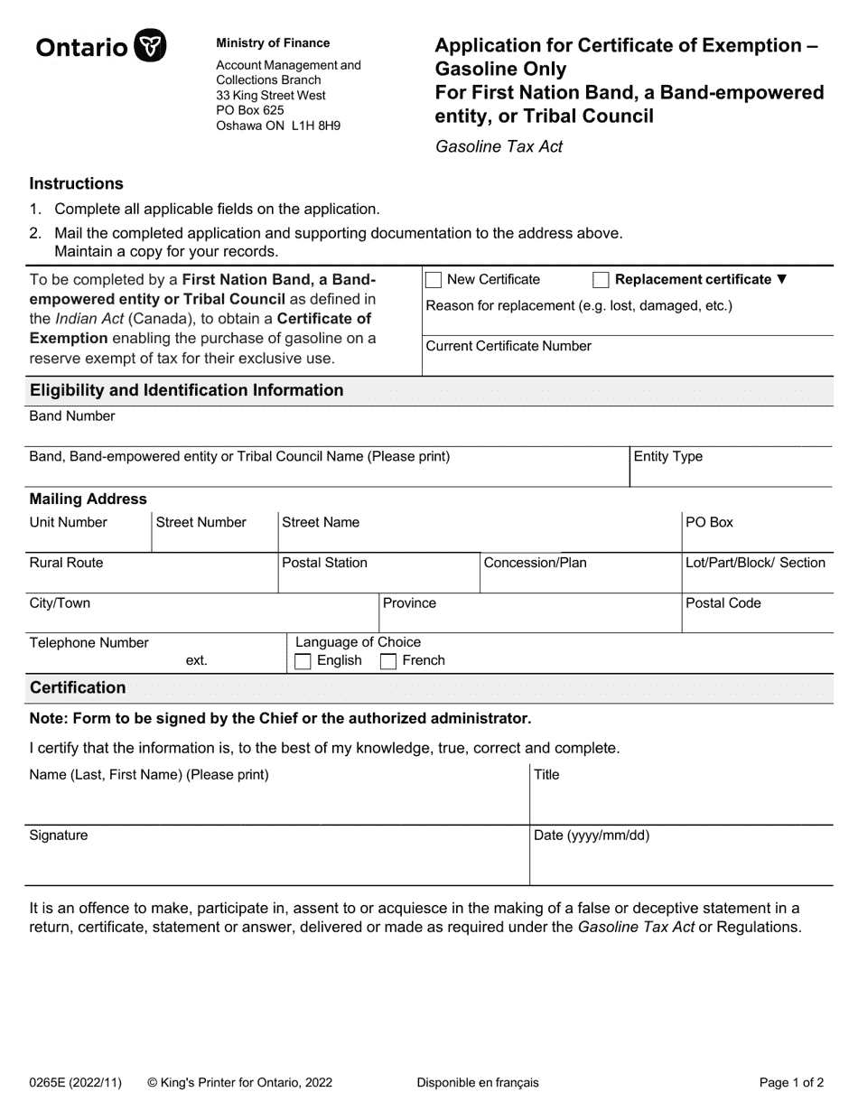 Form 0265E Application for Certificate of Exemption - Gasoline Only for First Nation Band, a Band-Empowered Entity, or Tribal Council - Ontario, Canada, Page 1
