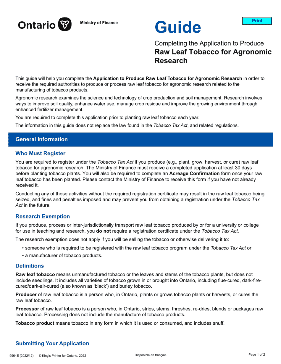 Form 9964E Guide - Completing the Application to Produce Raw Leaf Tobacco for Agronomic Research - Ontario, Canada, Page 1