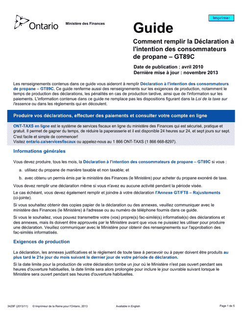 Forme 3429F Guide Comment Remplir La Declaration a L'intention DES Consommateurs De Propane - Gt89c - Ontario, Canada (French)