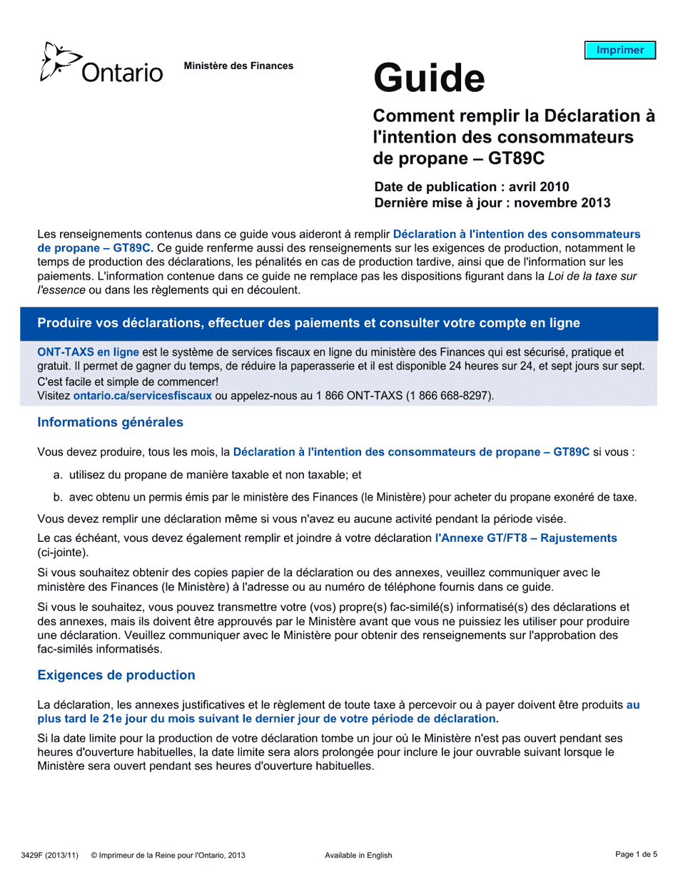 Forme 3429F Guide Comment Remplir La Declaration a Lintention DES Consommateurs De Propane - Gt89c - Ontario, Canada (French), Page 1