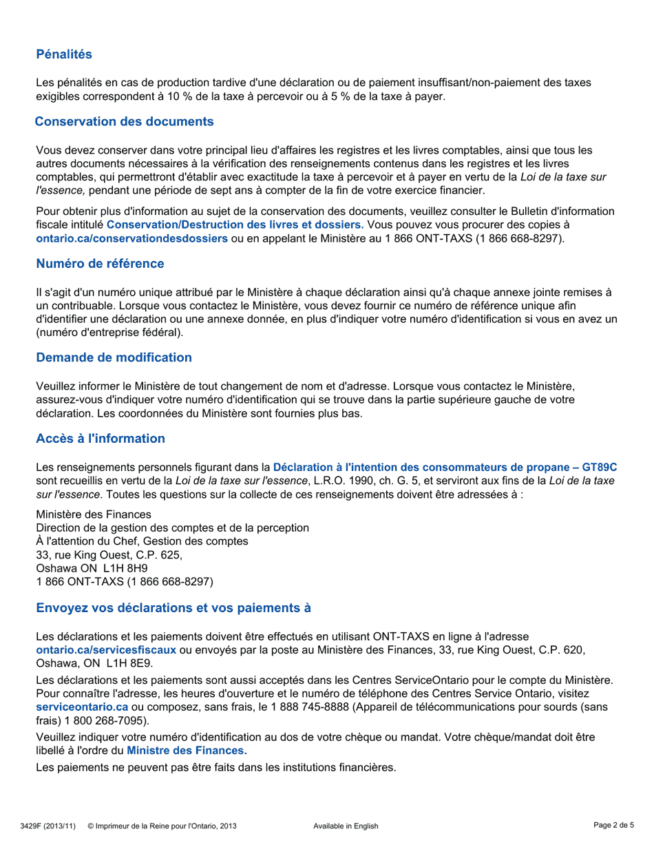 Forme 3429F Guide Comment Remplir La Declaration a Lintention DES Consommateurs De Propane - Gt89c - Ontario, Canada (French), Page 2