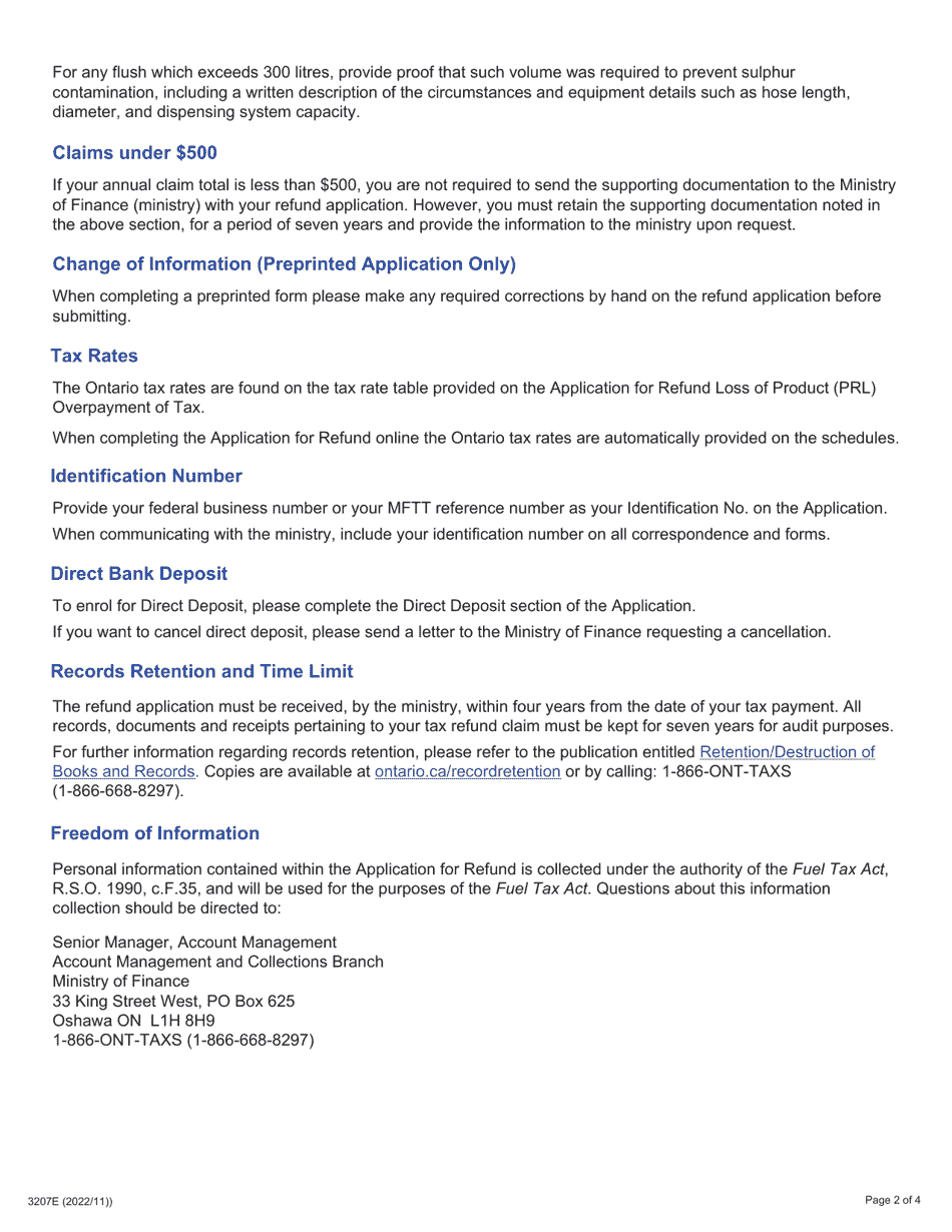 Instructions for Form 3207E Guide for Completing the Application for Refund Summary and Clear Fuel Schedule 2 Prl - Loss of Product / Overpayment of Tax - Ontario, Canada, Page 2