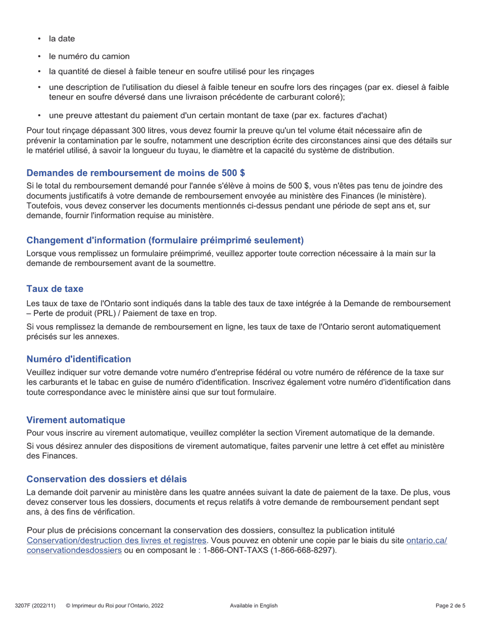 Instruction pour Forme 3207F Guide Relatif a La Demande De Remboursement - Sommaire Et Carburant Incolore Annexe 2 Prl - Perte De Produit / Paiement De Taxe En Trop - Ontario, Canada (French), Page 2